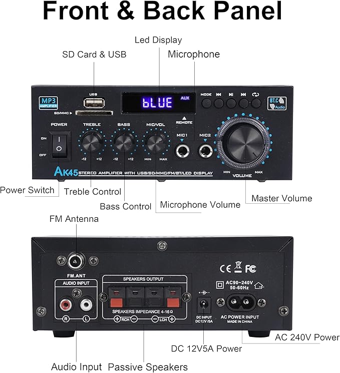 Stereo Audio Amplifier 2026 Upgraded AK45 Bluetooth Receiver for Home Stereo, 400W 2 Channel Wireless Bluetooth 5.0 Power Amplifier System with FM Radio, USB, SD Card, and Remote Control