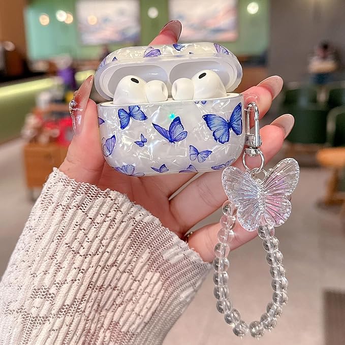 for Airpod Pro 3 Case 2025 Cute White Marble TPU Protective Cover with Keychain Compatible with AirPods Pro 3rd Generation Case for Girls Women (Bluish-Purple Butterfly)