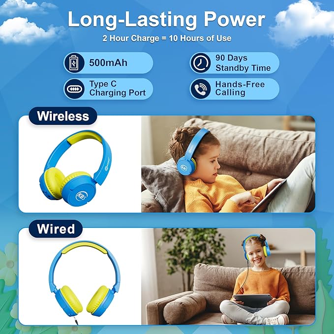 Contixo KB-5 Kids Headphones - Over The Ear Foldable Bluetooth Wireless Headphone for Kids - 85dB with Volume Limited - Toddler Headphones for Boys and Girls (Blue + Yellow)