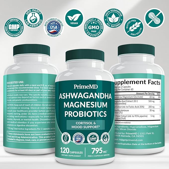 5-in-1 Cortisol Supplement for Women and Men with Ashwagandha for Calmness, Focus, and Adrenal Support Supplements with Shilajit Extract, Magnesium Glycinate, Probiotics (120 ct) (Pack of 1)