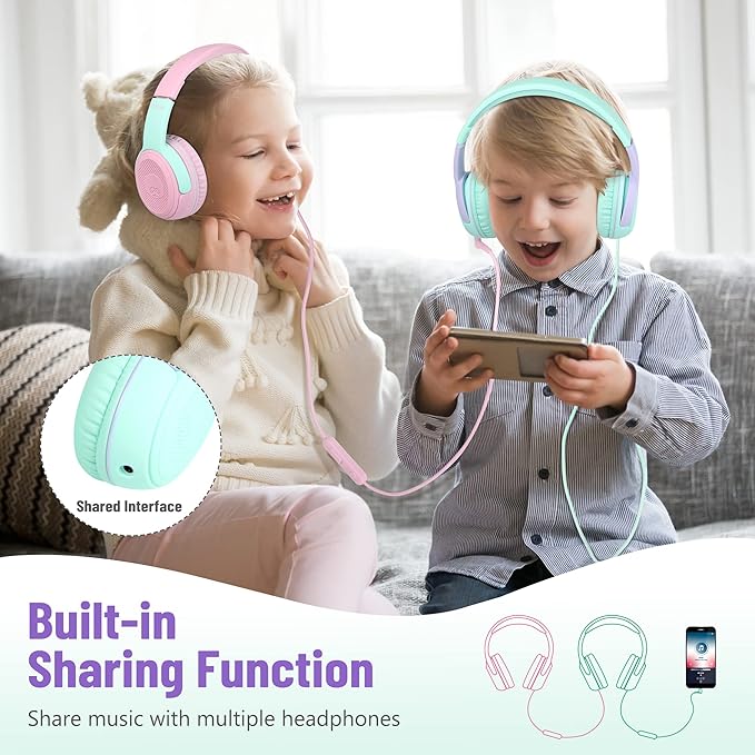rockpapa Share 1 Kids Headphones Wired with Microphone & Share Port, 85dB/94dB Volume Limited, Cute Foldable Student Child Boys Girls Headphones for School/Classroom/Travel Green/Purple