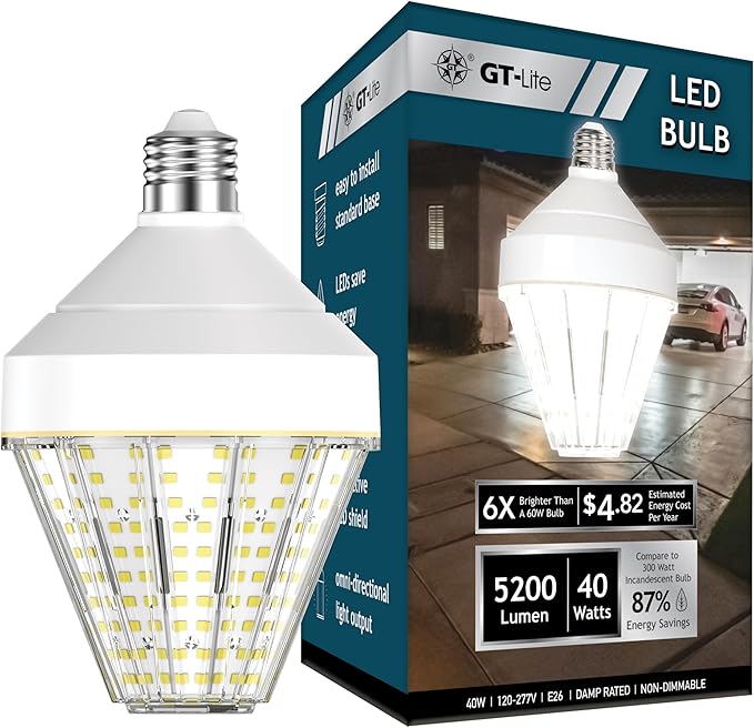 GT-Lite 5200 Lumen LED Corn Cob Light Bulb, 40-watt, 300-watt Equivalent, Daylight 5000K Light Color, E26 Base, Garage Light Bulb, Energy Saving LED Light for Indoor Outdoor Use. 1-Pack