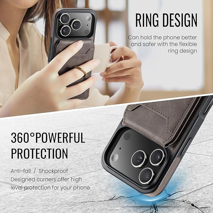 Wallet Case for iPhone 17 Pro, 2 in 1 Strong Magnetic Detachable, Shockproof Phone Case Compatible with MagSafe, Slim Leather Wallet RFID Blocking 5-Card Holder Ring Grip Stand (Coffee)