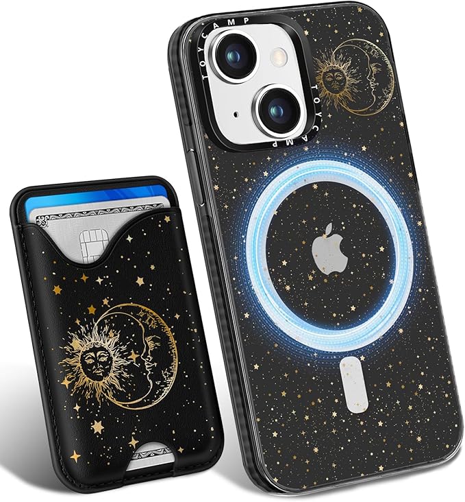 Toycamp for iPhone 15 Case - Compatible with Magsafe with Credit Card Holder Wallet Magnetic Cute Women Teen Girls Kawaii Girly Unique Sun Moon Design Pretty Phone Cover for Apple 15 6.1"