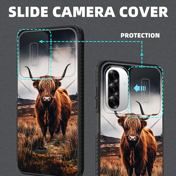 for Galaxy A17 5G Case Built in Slide Camera Lens Cover,Heavy Duty Shockproof Protection Dual Layer Case for Samsung Galaxy A17 5G 6.7" 2025,Brown Highland Cow