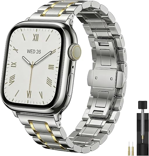 Metal Band Compatible with Apple Watch Ultra Band 49mm 46mm 45mm 44mm 42mm, Stainless Steel Link Bracelet with Butterfly Clasp for Apple Watch Ultra 3 2 1 Series 11 10 9 8 7 SE, Gold