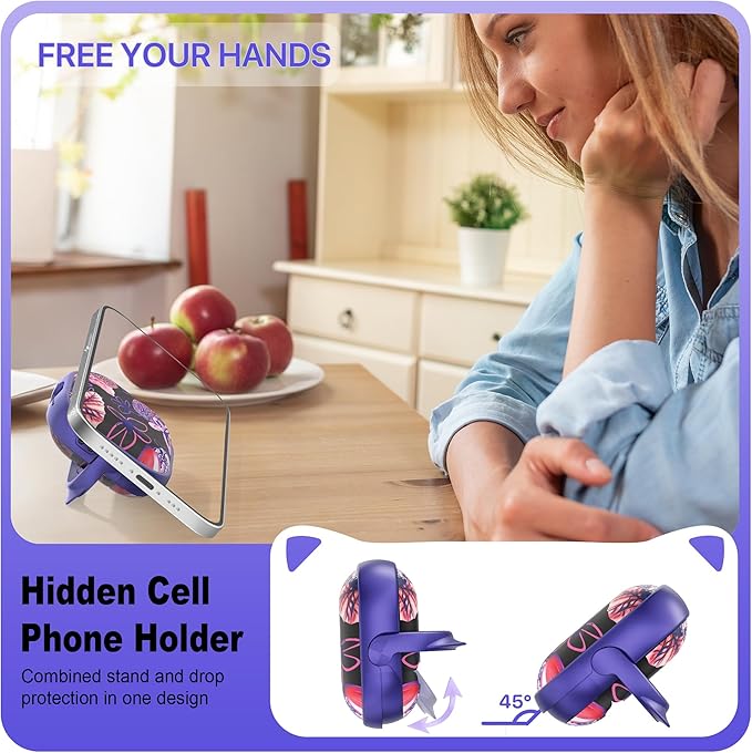 RFUNGUANGO AirPods 4 Case for Women Girly Cat Case with Lock, Phone Stand, Keychain & Cleaner Kit, Compatible with Apple Airpods 4th Generation Case Cover, Purple Lotus
