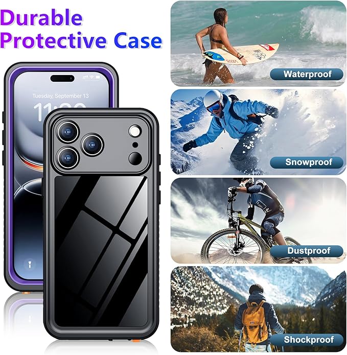 Temdan Compatible with iPhone 17 Pro Case,Waterproof Built-in Screen & Camera Protector IP68 Underwater Full Body 17FT Military Dropproof Shockproof Phone Case 6.3"-Purple/Clear