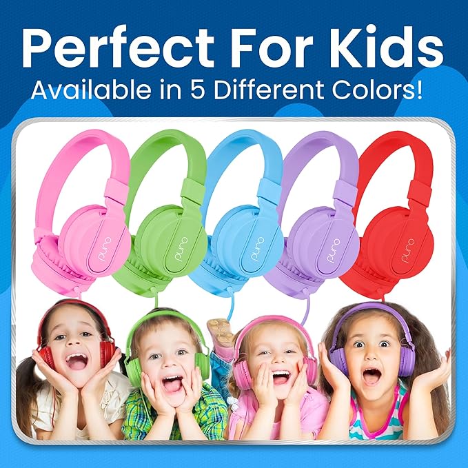 Puro Sound Labs Kids Wired Headphones – Volume-Limiting & Adjustable, Safer & Comfortable Headphones for Kids – Compatible with PCs, Smartphones & Tablets, Ideal for School & Travel – PuroBasic, Blue
