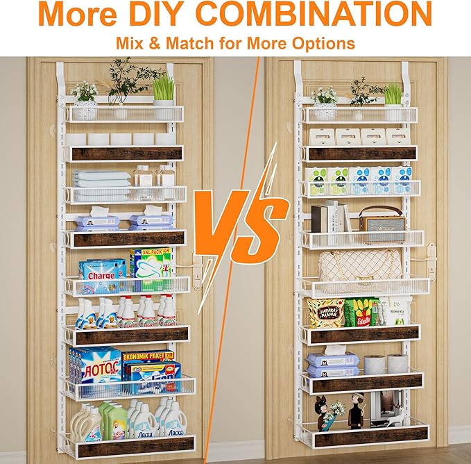 8 Tier Over the Door Pantry Organizer 2 IN 1 Hanging or Wall Mounted Spice Rack with Adjustable Basket,Heavy Duty Seasonning Storage Shelf for Kitchen Pantry and Bathroom