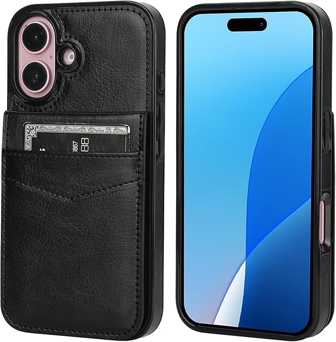 KIHUWEY Compatible with iPhone 16 Case Wallet with Credit Card Holder, Flip Premium Leather Magnetic Clasp Kickstand Heavy Duty Protective Cover for iPhone 16 6.1 Inch (Black)