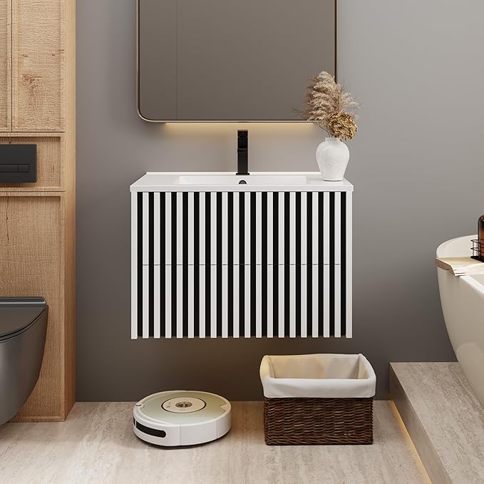 eclife 30" Floating Bathroom Vanity with Sink Combo, Modern Wall Mounted Cabinet with 2 Fluted Drawers, Undermount Sink, Faucet, Drain, Mixed White