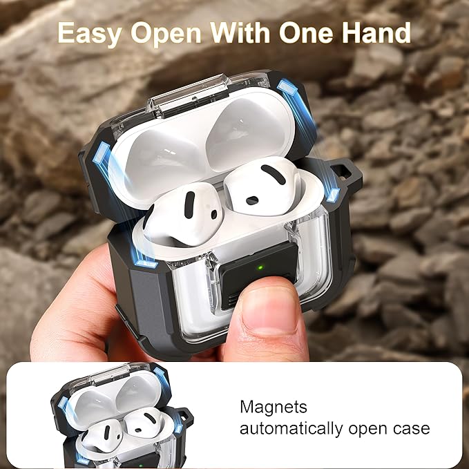 RFUNGUANGO for AirPods 4 Case, Compatible with AirPods 4th Generation Case (2024), Compatible with MagSafe, Magnetic Automatic Lock with Cleaner Kit and Keychain, Front LED Visible, Black