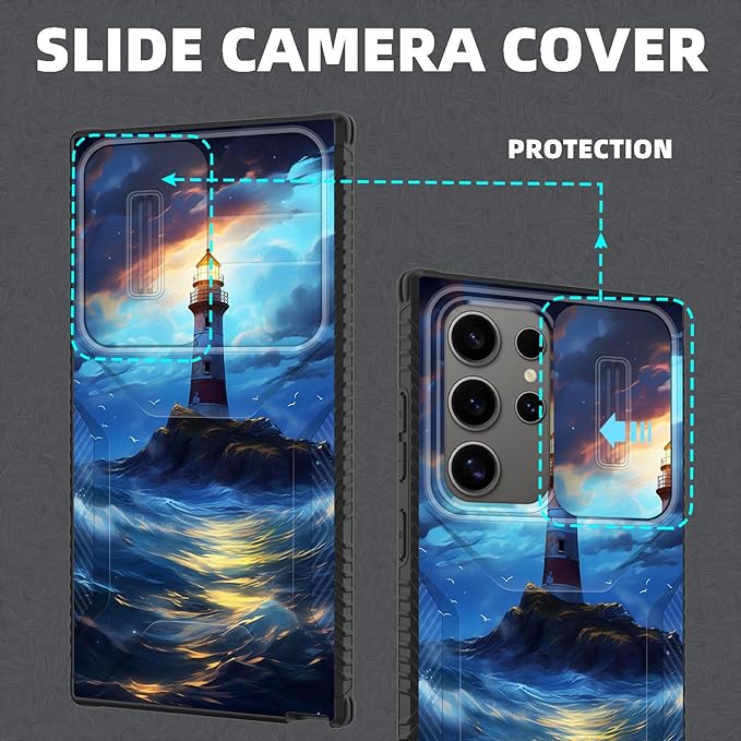 for Galaxy S26 Ultra Case Built in Slide Camera Lens Cover,Heavy Duty Shockproof Protection Dual Layer Case for Samsung Galaxy S26 Ultra 6.9" 2026,Lighthouse in Storm