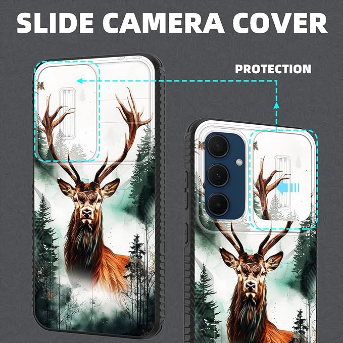 for Galaxy A35 5G Case Built in Slide Camera Lens Cover,Heavy Duty Shockproof Protection Dual Layer Case for Samsung Galaxy A35 5G 6.6 inch 2024,Forest Deer