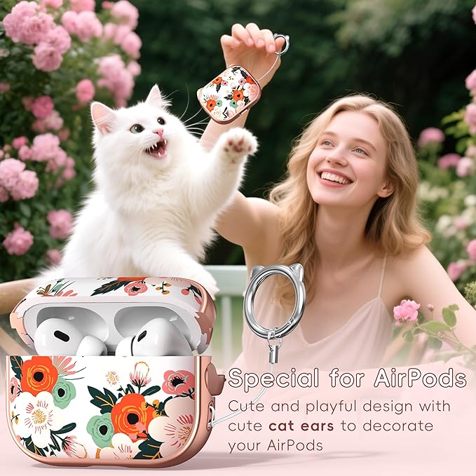 for AirPods Pro 2 Case with Cleaning Kit, Cute Cat Ear Print Design & Cute Buckle for Girls, Phone Holder & Top Safe Lock Buckle Design for AirPods Pro 2nd/1st Gen case, Rose Gold Flower