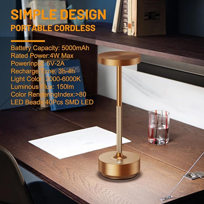 SAKRINGT Rechargeable Cordless Table Lamp - Battery Operated LED Portable Table Light with 3 Color Stepless Dimming, Memory Function - IP54 Waterproof for Outdoor, Restaurant, Patio, Camping