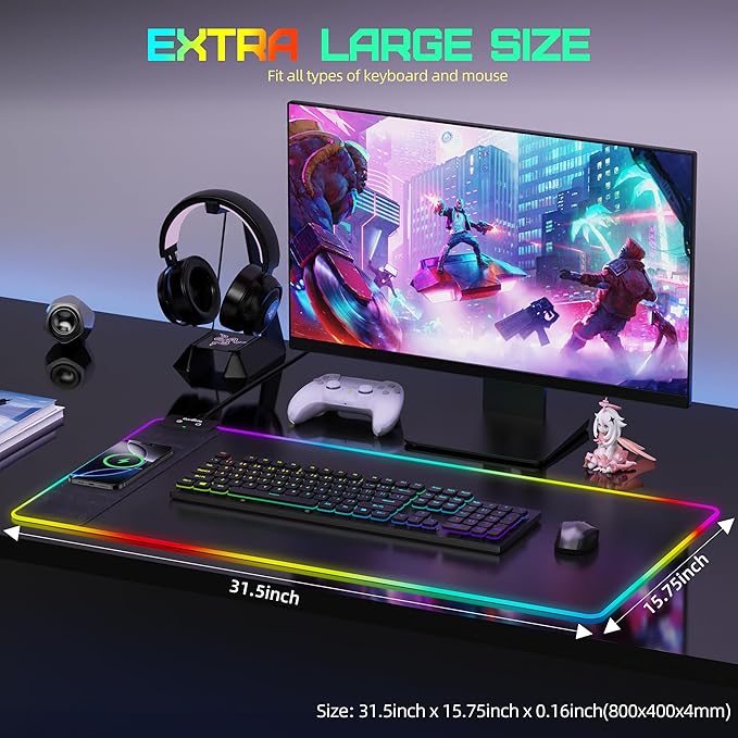 Mouse Pad with Wireless Charging, RGB Gaming Mousepad, Large Desk Mat with Ultra-Smooth Surface, Non-Slip Mouse Mat, Waterproof Computer Keyboard Pad for Gaming, Desk, Office, PC, 800x400x4MM, Black