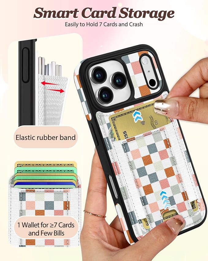 Shorogyt for iPhone 17 Pro Max Case Wallet - Fits 5 Cards, Compatible with Magsafe Detachable Magnetic Credit Card Holder Leather Cardholder Cute Phone Cover Women Girls for Apple 17 ProMax, Checkered