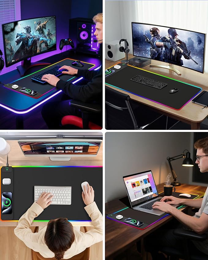 Mouse Pad with Wireless Charging, RGB Gaming Desk Mat, 31.5"x15.7" Large XXL Desk Pad, 15 Lighting Modes, Non-Slip Mouse Mat, Waterproof Computer Keyboard Pad, Black with 20W PD Power Adapter