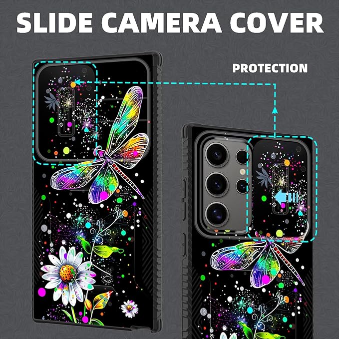 for Galaxy S26 Ultra Case Built in Slide Camera Lens Cover,Heavy Duty Shockproof Protection Dual Layer Case for Samsung Galaxy S26 Ultra 6.9" 2026,Dragonfly and Daisy Flower