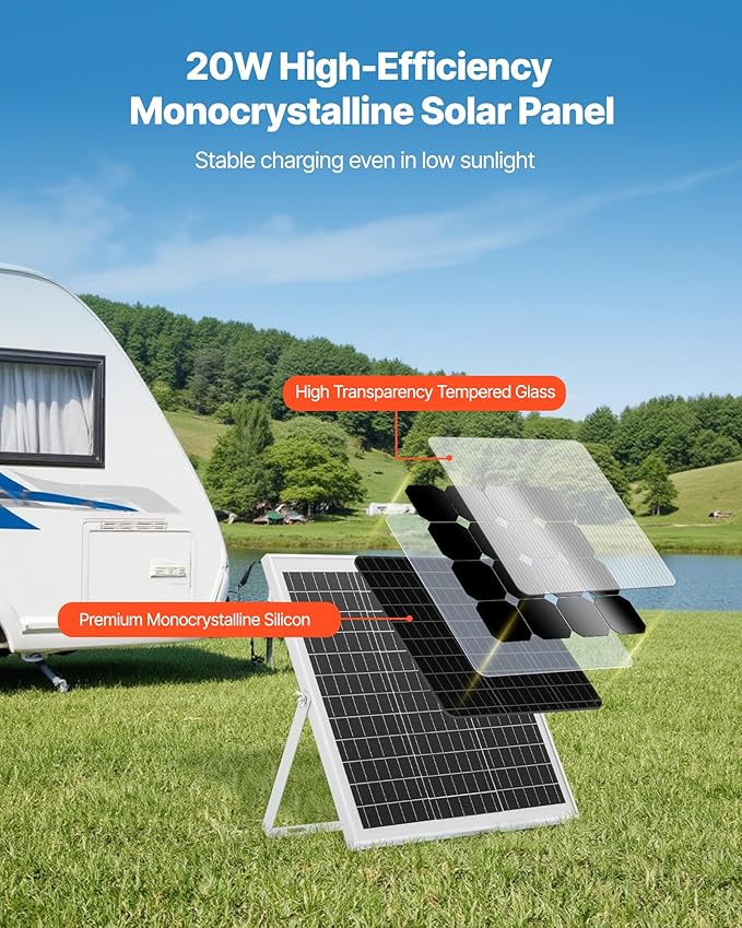 VEVOR 20W 12V Solar Panel Battery Charger, Solar Battery Trickle Charger Maintainer with Intelligent MPPT Controller & Adjustable Mount Bracket, IP67 Waterproof for Car Boat RV Motorcycle Trailer