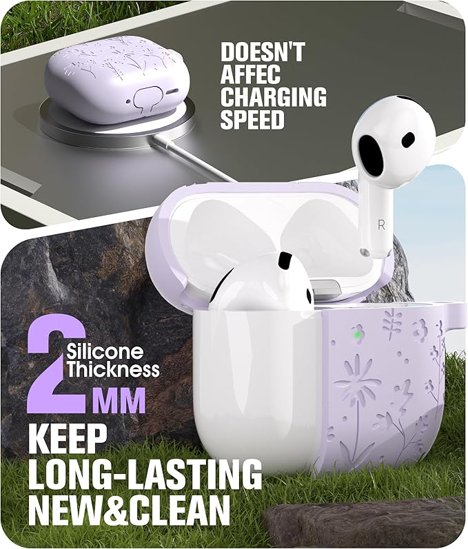Seltureone Compatible with AirPods 4 Case Cute with Cherry Blossom Keychain and Cleaning Kit, Soft Silicone Shockproof Flower Engraved Cover Compatible with AirPod 4 Case Cover - Light Purple