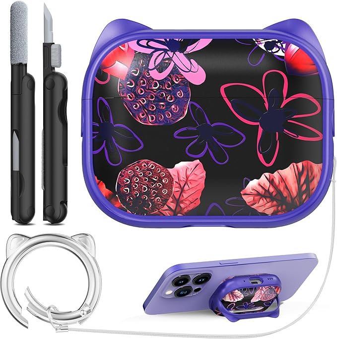 RFUNGUANGO AirPods Pro Case for Women Girly Cat Case with Lock, Phone Stand, Keychain & Cleaner Kit, Compatible with Apple Airpods Pro 2nd/1st Generation Case Cover, Purple Lotus