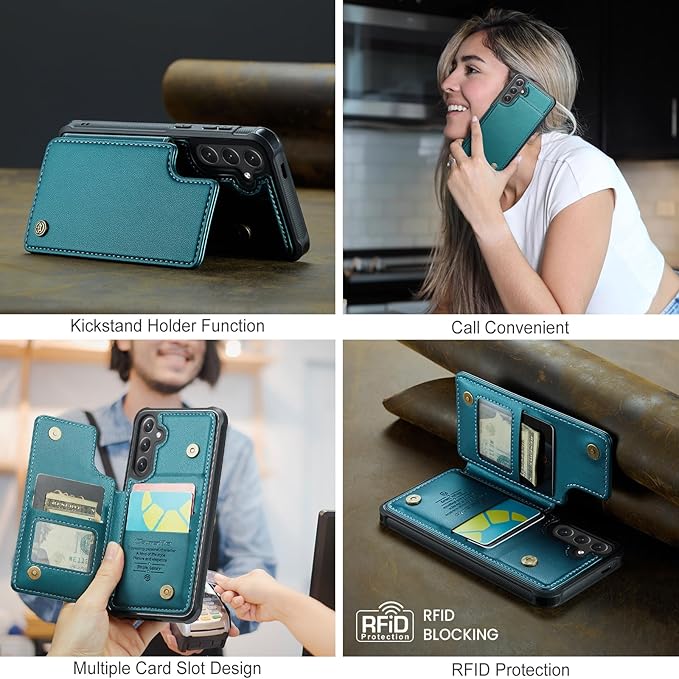 Bemal for Samsung Galaxy S24 Wallet Case with Card Holder, RFID Blocking, Shockproof Leather Kickstand for Men and Women, Durable Protective Phone Cover for 6.2", Bluish Green
