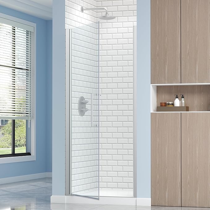 Frameless Pivot Shower Door 32.8-34" W X 72" H, 1/4" (6mm) Clear SGCC Tempered Glass, Hinged Pivot Swing Shower Door, Reversible Installation, Easy to Clean, Brushed Nickel