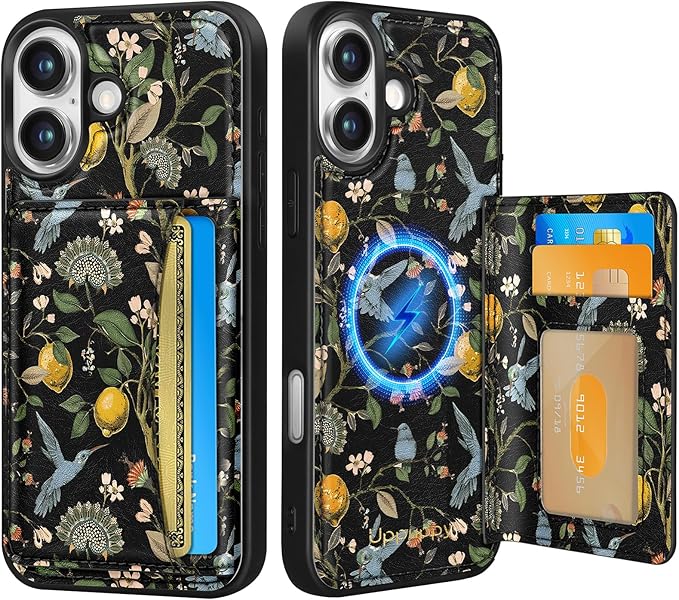 for iPhone 17 Case with Wallet - Fits 4 Card Slots, Compatible with MagSafe for Women Aesthetic Durable PU Leather Credit Card Holder Kickstand Phone Cover for Apple 17, Lemon Bird