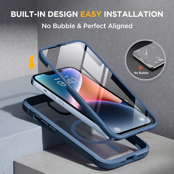 Miracase Magnetic for iPhone 14 Case 6.1'', [Bubble Free] Full-Body Bumper Phone case with Built-in Full Glass Screen &Lens Protector,No Gap,Compatible with MagSafe,Drop Proof 14 Cover,Storm Blue