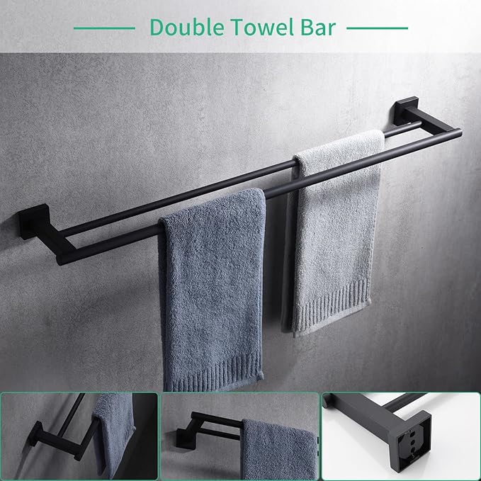 Miyili Matte Black 5-Piece Bathroom Hardware Kit Set Stainless Steel Wall Mount - Includes Double Towel Bar, Hand Towel Rack, Toilet Paper Holder, 2X Robe Hook, BS02B5