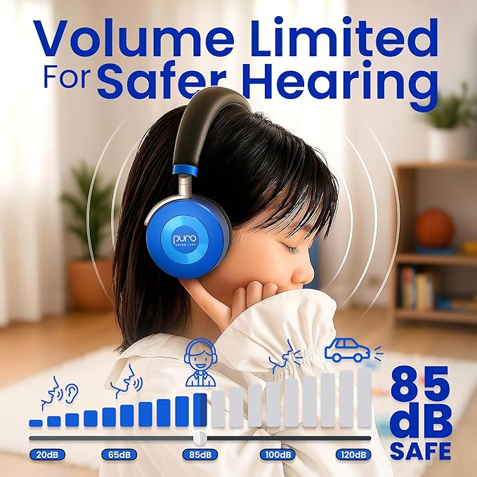 Puro Sound Labs JuniorJam Plus Volume-Limiting Wireless Bluetooth Headphones for Kids, Secure Audio with Adjustable On-Ear Design, 22-Hour Battery Life, Ideal for Tablets, Smartphones & PCs - Blue