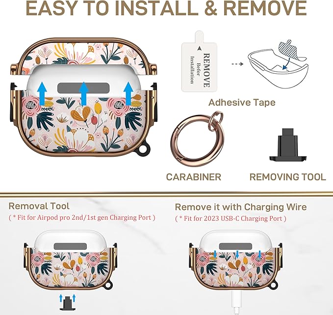 Maxjoy for AirPods Pro 2nd/1st Generation Case with Lock, Flower AirPods Pro 2 Case Lock Protective Hard Cute AirPod Pro Cover for Women Men with Keychain for Airpod Pro (2023/2022/2019)