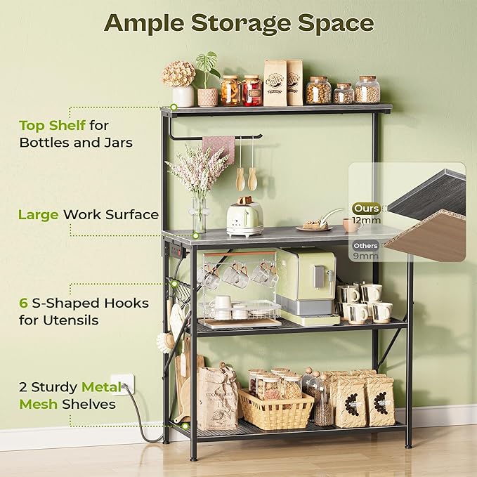 Huuger 4-Tier Bakers Rack with Reversible Power Outlet, 31.5 Inch Microwave Stand with Paper Towel Holder, Kitchen Bar, Larger Storage with Top Shelf, 6 S Hooks, Grey
