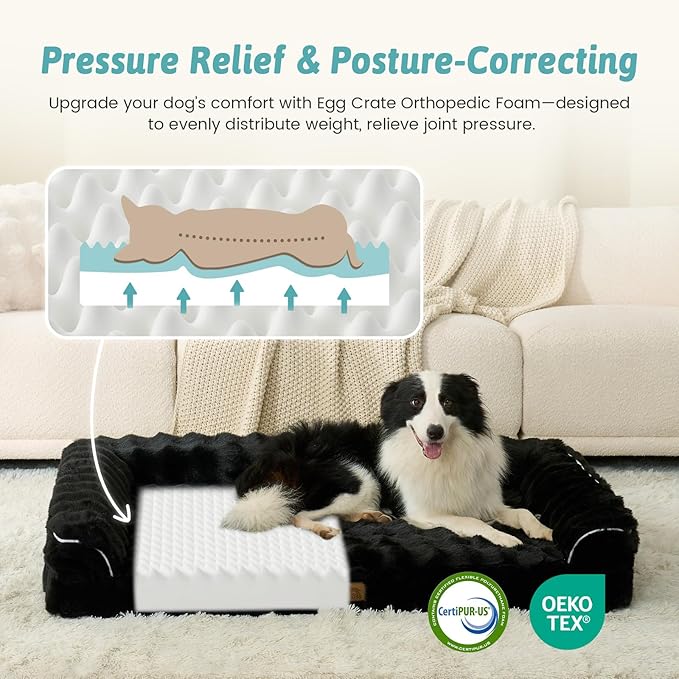 Faux Fur Orthopedic Dog Bed, Large Dog Bed, Supportive Foam Pet Sofa with Waterproof Lining Cover, Washable U-Shaped Pet Couch with Anti-Slip Bottom Design, Black XL 42x30x7 inch