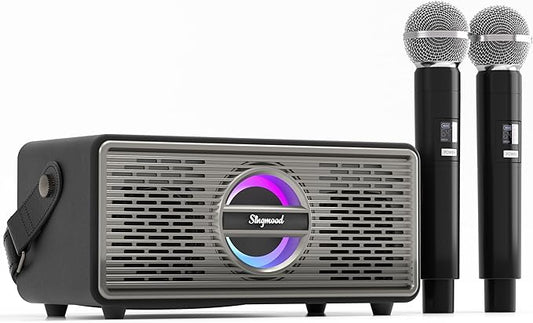 Karaoke Machine with 2 UHF Mic Subwoofer Home Theater Audio Sound Bar Support Optical/Bluetooth/AUX/USB/PC Wooden Karaoke Singing Machine for TV, Home, Karaoke, Singing Party, Christmas (S-330)