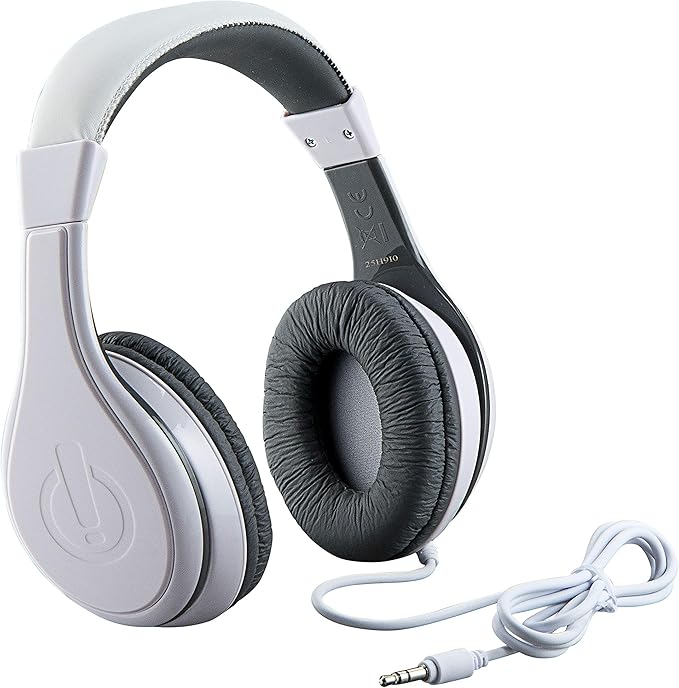 eKids Kids Headphones, Stereo Sound, 3.5mm Jack Cord, Wired Headphones for Kids, Tangle-Free, Volume Control, Childrens Earphones Over Ear for Travel White