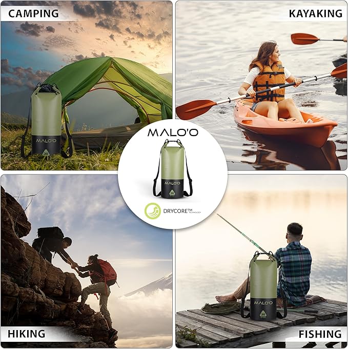 Malo?™o DryPack 30L Waterproof Kayak Dry Bag, Heavy Duty Roll-Top Dry Bag with MOLLE Grid and Carry Straps for Fishing, Paddle Boarding, Boating, Camping, and Travel, Green