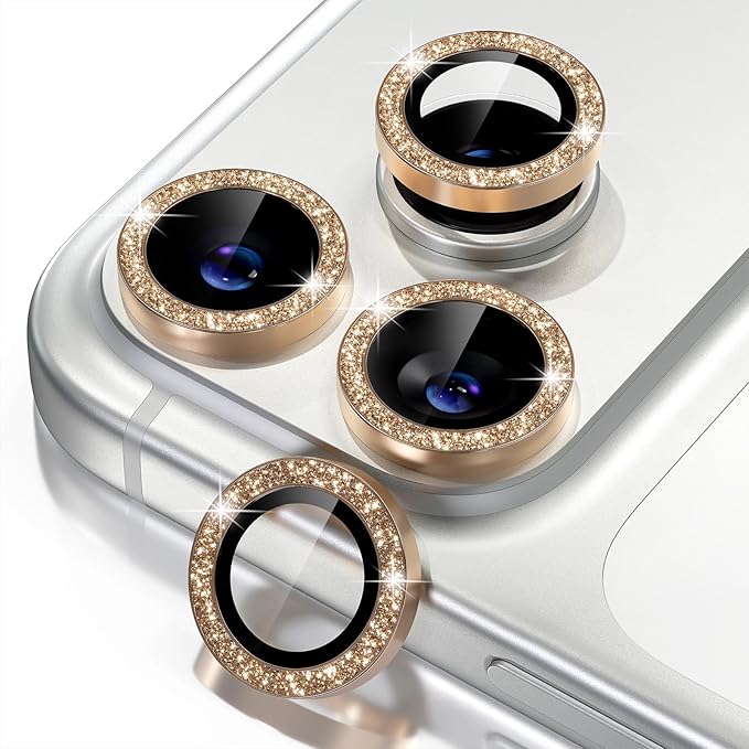 Misea Compatible for iPhone 17 Pro/iPhone 17 Pro Max Camera Lens Protector Bling, 9H Tempered Glass Camera Cover Screen Protector Metal Individual Ring Decoration Accessories, Gold Glitter