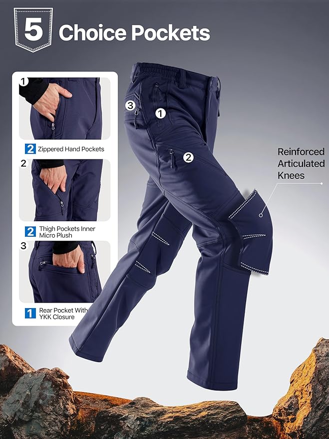 FREE SOLDIER Men's Fleece Lined Outdoor Cargo Hiking Pants Water Repellent Softshell Snow Ski Pants with Zipper Pockets