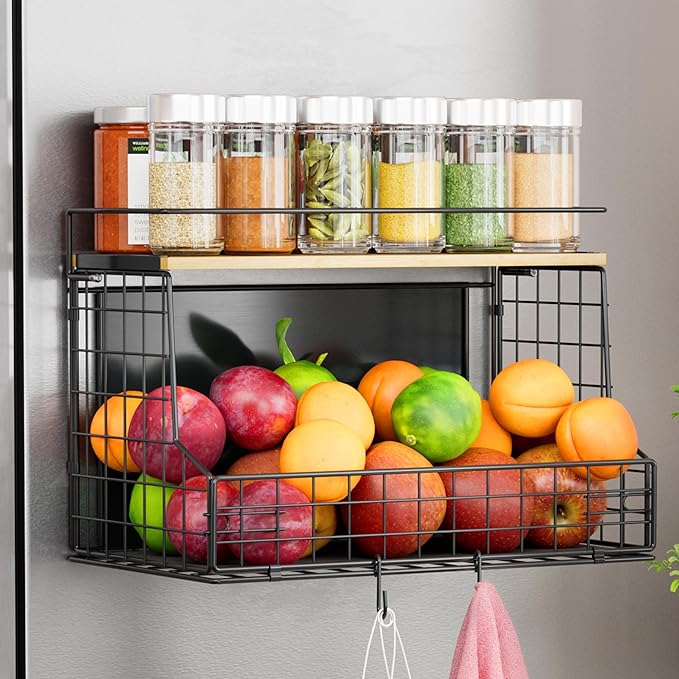 Magnetic Shelf for Fridge, Large Container Magnetic Spice Rack for Refrigerator, Fruit Potato and Onion Storage Bins, Magnetic Basket with Wood Lid, Kitchen Counter, Cabinet