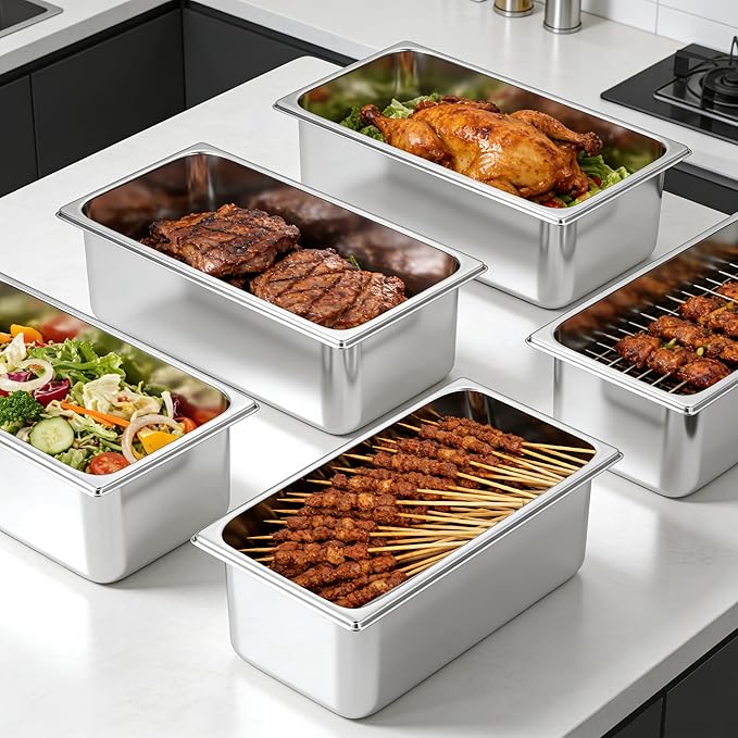 4 Pack Hotel Pans with Lids 1/3 Size 6" Deep, Stainless Steel Steam Table Pan with Lid, Commercial Metal Buffet Food Storage Container, Anti-Jam Design, for Restaurant, Kitchen, Party, Home