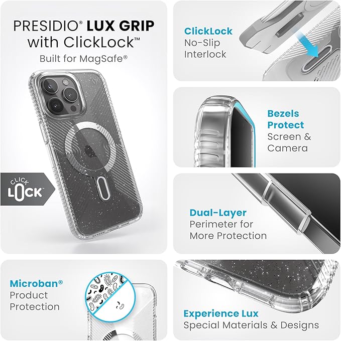 Speck iPhone 15 Pro Max Case - ClickLock No-Slip Interlock, Built for MagSafe, Drop Protection Grip - Anti-Yellowing 6.7 Inch Phone Case - Presidio Lux Grip Clear/Platinum Glitter