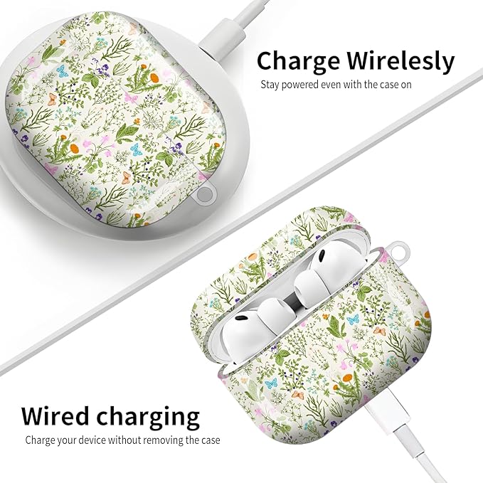 Compatible with AirPod Pro 3 (2025),Cute Case Cover for Women & Men, Full Protection Shockproof Hard Case with Keychain, Wireless Charging Case Accessories(Flowers Butterfly Plants)
