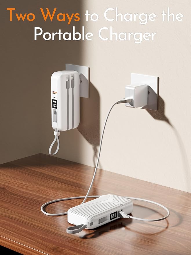 27W Portable Charger with Wall Plug Power Bank for iphone, Portable Charger 10000mAh with Built-in Cables, LED Display and 4 Outputs 2 Inputs Portable Charger for iPhone 17 16 Samsung Galaxy iPad