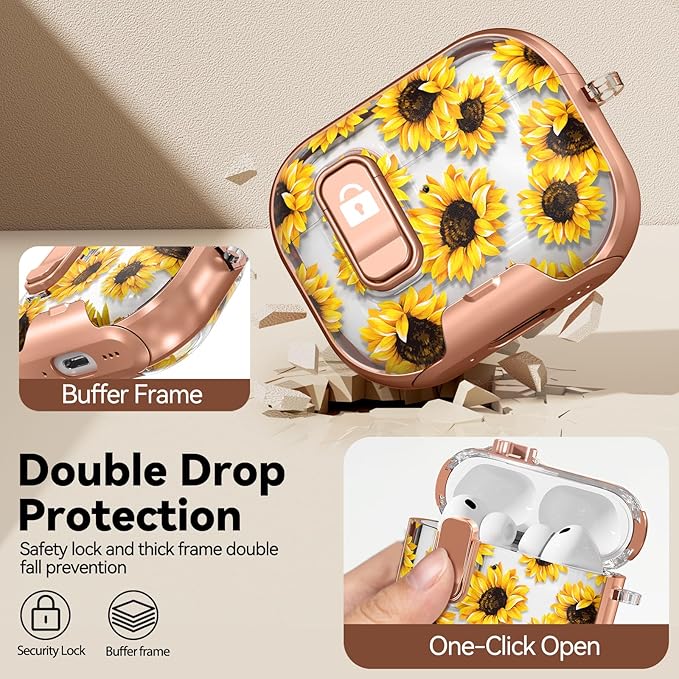 for AirPod Pro 3 Case 2025, with Safty Lock & Phone Stand for Floral AirPod Pro 3 Generation Case Cover for Women Girly, iPod Pro 3 Cases with Keychain & Cleaner Kit - Yellow Sunflower
