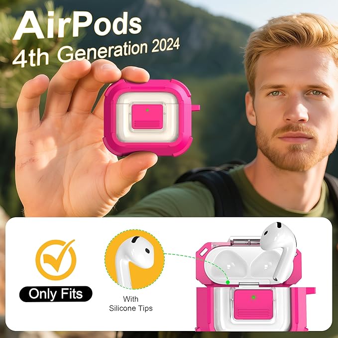 RFUNGUANGO for AirPods 4 Case, Compatible with AirPods 4th Generation Case (2024), Compatible with MagSafe, Magnetic Automatic Lock with Cleaner Kit and Keychain, Front LED Visible, Rose Red