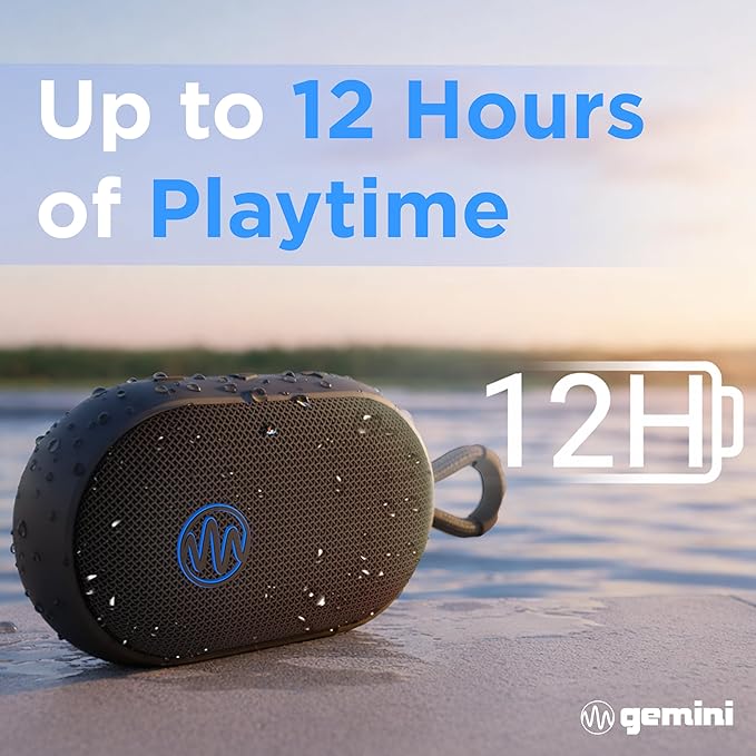 Gemini Waterproof Bluetooth Speaker with Carabiner Clip – IPX7 Compact Portable Speaker, 12Hr Battery, TWS Stereo Pairing, USB-C, Outdoor Shower Pool Beach Hiking (BEATORB)